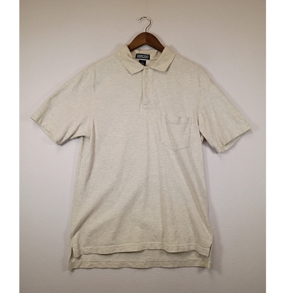 Classic Preppy Lands End Mens M Oatmeal Heather Short Sleeve Pocket Polo Shirt